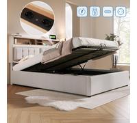 Lit double rembourré avec prise USB-C et fonction de recharge dans la tête de lit, lit pour adolescent 160 x 200 cm avec sommier à lattes (matelas non inclus)
