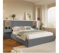 Lit Double Rembourré avec Tête de Lit LED et Ports USB - ELVMI - Chevets à Tiroirs en Velours Gris 180 × 200 cm