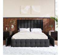 Lit double rembourré - Design carré - 4 tiroirs - Tête réglable - Lin noir - 140x200 cm
