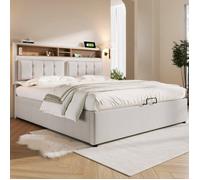 Lit double rembourré - LANGTU - 140x200 - Tête de lit réglable - Station de charge USB-C - Lin beige