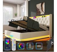 Lit double rembourré - LANGTU - PU blanc 160x200 - Coffre hydraulique - Éclairage LED 360° - USB Type-C