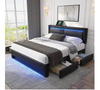 Lit double rembourré - PDZZZD - 140x190cm - 4 casiers de rangement - Lumières LED - Station de recharge