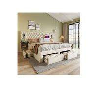 Lit double - Rembourré Vintage - 160x200 cm - Velours beige - 2 chevets, 4 tiroirs, lampes USB-C