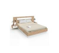 IDMarket Lit double SANTA – tête de lit & tables intégrées, sommier 140 x 190 cm bois et blanc