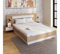 Lit double santa avec tête de lit + tables de chevet intégrées et sommier 140 x 190 cm bois et blanc