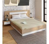 IDMarket - Lit Double Santa avec tête de lit + Tables de Chevet intégrées et sommier 160 x 200 cm Bois et Blanc
