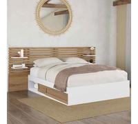 Lit double savana avec tête de lit, chevets, rangements et sommier 140 x 190 cm hêtre et portes blanches