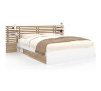 Lit double SAVANA avec tête de lit, chevets, rangements et sommier 160 x 200 cm façon hêtre et blanc
