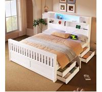 Lit double - Structure 160 x 200 cm - Tête de lit rangement avec LED - 4 tiroirs - Sommier inclus