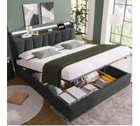 Lit double superpos rembourr adult-USB et LED-140x200cm gris avec matelas lin-HAUSS SPOLE