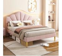Lit double - Tête de lit en forme de coquille - Velours rose - Sommier à lattes inclus - Tête de lit réglable