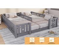 Lit double UnboxG gris avec sommier à lattes et barrière de sécurité, lot de 2 lits d'enfant avec motif d'étoiles, lit robuste en pin pour les familles