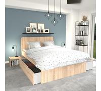 Lit double ZENIA 140x190 + 2 chevets + 2 tiroirs / Décor Chêne blanchi