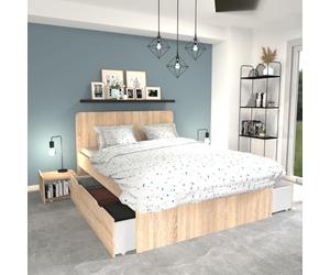Lit double ZENIA 140x190 + 2 chevets + 2 tiroirs / Décor Chêne blanchi