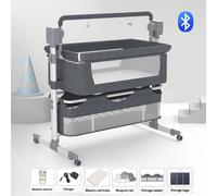 Lit électrique pour bébé - Berceau pour nouveau-nés - Bluetooth - Fonction de pesée automatique - Musique - Pliable - Structure en métal - Gris