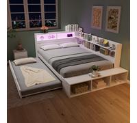 Lit en bois 120x200 cm, lit blanc avec rangement et lit tiroir 90x190 cm, équipé d'un éclairage LED, idéal pour les chambres d'enfants, les chambres d'adolescents et les chambres d'amis