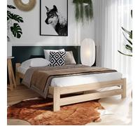Lit en bois 120x200 cm - Sommier à lattes inclus - Pin massif - Style scandinave - Avec tête de lit basse - Bois naturel