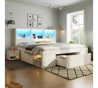 Lit en bois 140 x 190 cm, avec espace de rangement et 2 tables de chevet mobiles, lit double en bois avec éclairage LED et fonction de charge USB Type-C, cadre de lit avec tiroir et étagères, sans