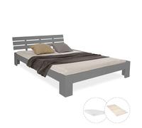 Lit en bois 140 x 200 cm, pin massif gris - Lit double avec matelas et sommier à lattes