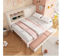Lit en bois 140x190 cm avec lit gigogne 90x190 cm, lit de jour avec rangements Intégrés, lit simple avec recharge USB/Type-C, blanc