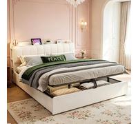 Lit en bois 180 x 200 cm avec espace de rangement hydraulique, tête de lit rembourrée, étagère, port USB, veilleuse, sommier à lattes, lit plateforme, blanc, bois