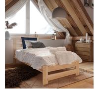 Lit en bois 90x200 cm - Sommier à lattes inclus - Pin massif - Style scandinave - Avec tête de lit haute - Bois naturel
