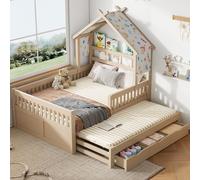 Lit en bois en forme de maison 140 x 200 cm avec lit gigogne, 3 tiroirs et barrières de sécurité, lit multifonction ludique pour chambre d'enfant, couleur crème