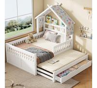 Lit en bois en forme de maison 140 x 200 cm avec lit gigogne, 3 tiroirs et barrières de sécurité, lit multifonction ludique pour chambre d'enfant, blanc