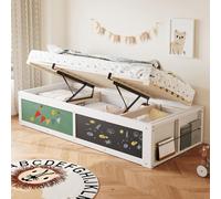Lit en bois Fortuna Lai, 90 × 200 cm, avec réglage hydraulique, tablette et dessus recouvert de feutre. Avec espace de rangement pour les livres, montage à gauche/à droite. Lit simple, lit d'enfant, b