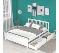 Lit en bois, lit double, lit jeune, lit adulte, avec tiroirs de rangement, cadre en pin, blanc (140x200cm)