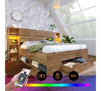 Lit en bois massif double 160×200, ensemble avec rangement, LED et tête avec USB C et tiroirs, cadre avec lattes bois, chêne