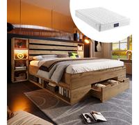 Lit en bois massif double 160×200, ensemble avec rangement, LED et tête avec USB C et tiroirs, cadre avec lattes bois, chêne