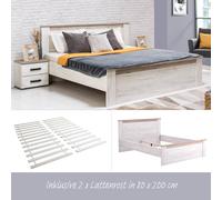 Lit en Bois Massif Double 160x200 cm Cadre de Sommier à Lattes Blanc Homestyle4u