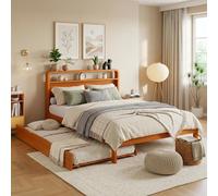 Lit en bois Merax pour enfants, 140x200 cm, avec lit escamotable 90x190 cm, lit d'appoint avec tête de lit arrondie, montage possible à gauche ou à droite, lit multifonctionnel, finition naturelle
