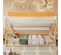 Lit en bois pour enfant, lit simple, style maison en bois, tente amovible, sommier à lattes robuste, barrières de sécurité, pin, contreplaqué naturel, 90 x 200 cm