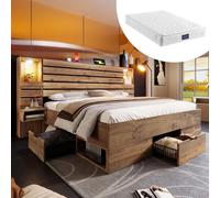 Lit en bois, taille double 160x200 cm, avec spots LED intégrés et ports USB Type-C, niche éclairée, espace de rangement sous le lit avec tiroirs. Inclut un matelas. Matelas : 200 cm x 160 cm