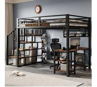 Lit en fer, lit haut, escaliers avec coulisses, avec bureau et étagère de stockage, grille stable, fer + plaque spancée, noir + no