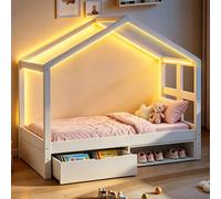 Lit en forme de maison 90 x 190 cm, blanc, avec éclairage LED, lit en bois avec tiroir et meuble à chaussures intégré, lit pour enfant et adolescent avec sommier à lattes