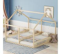 Lit en forme de maison 90 x 200 cm, lit double pour enfants en pin, lit 2 en 1 pour frères et sœurs avec barrière de sécurité et toit, lit plat en bois massif, finition naturelle
