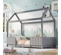 Lit en forme de maison 90 x 200 cm pour enfants, gris, en pin, avec cadre en bois, barrière de sécurité et sommier à lattes, lit ludique moderne pour garçons et filles, matelas non inclus
