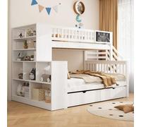 Lit en forme de maison, lit d'enfant, lit superposé double avec planche à dessin, multifonctionnel avec escalier, placards de rangement et tiroirs, 140 x 200 et 90 x 200 cm, blanc