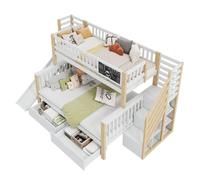 Lit en forme de maison, lit d'enfant, lit superposé double, lit d'enfant multifonctionnel, avec escalier et placards de rangement, avec toboggan et petit tableau