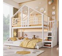 Lit en forme de maison, lits superposés 90 x 200 et 140 x 200, blanc naturel, lit mezzanine avec fenêtre et étagère sous l'escalier, lit d'enfant en bois massif avec espace de rangement, sans matelas
