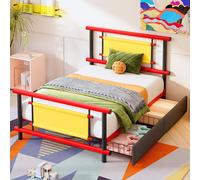 Lit en métal Merax 90 x 200 cm avec tiroirs, lit d'enfant avec rangement, lit plateforme en métal, lit simple robuste pour adolescents (garçons et filles), rose