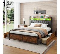 Lit en métal Moonbite 160x200 cm avec éclairage LED et ports USB, quatre tiroirs et une tête de lit rembourrée en PU, style industriel, métal, noir