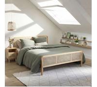 Lit en pin massif avec véritable cannage ANNA 140x190 + 2 tables de chevet cannage - Bois naturel - Terre de Nuit