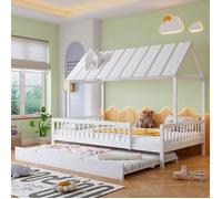Lit enfant 120x200cm avec lit gigogne 120x190cm, Lit cabane avec cadre de lit en pin, lit 1 personne, blanc