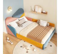 Lit enfant 140×200 cm, lit simple avec côtés surélevés et tête rembourrée, structure douce, idéal pour chambre enfant, sans matelas.