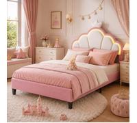 Lit Enfant 140 x 190 cm,Lit Princesse en Forme de Couronne avec LED, Tête de Lit Réglable, Sommier à Lattes pour Fille, Velours rose