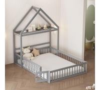 Lit enfant 140 x 200, cadre de lit enfant en bois massif avec rangement, barrière de sécurité complète et portes et sommier à lattes, gris